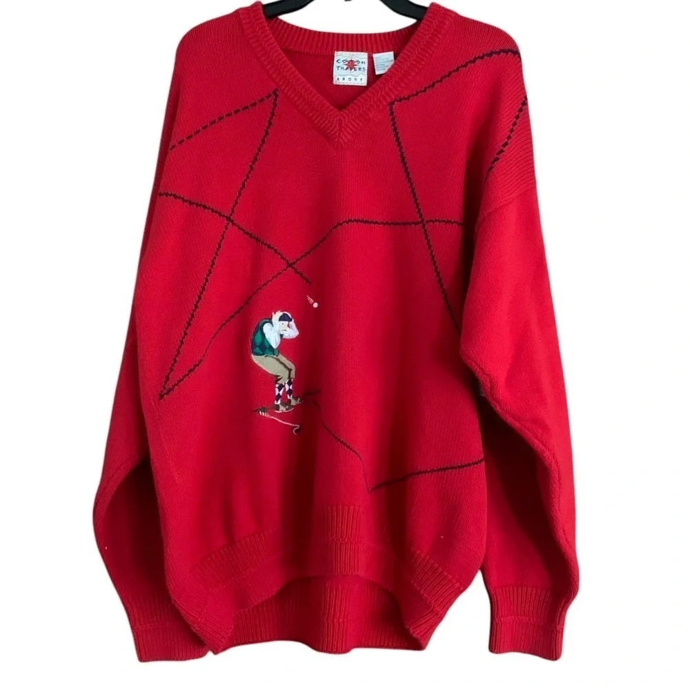 Vintage Men’s Cotton Traders Sport Funny Golf V Neck Novelty Sweater Red Sz L